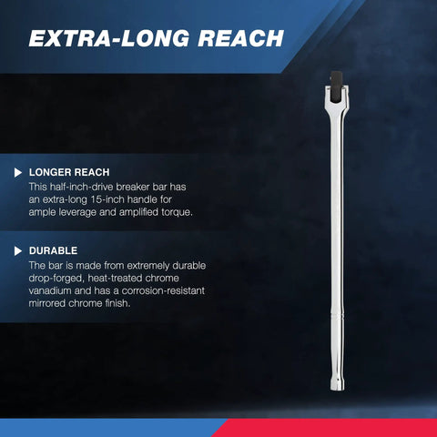 Half Inch Drive Breaker Bar With Flexible Head Twenty Four Inch Length Chromoly Construction Lug Nut Wrench displayed upright