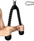 Heavy Duty Tricep Rope Attachment For Cable Machines 27 And 35 Inch Nylon Braided Rope With Solid Rubber Ends Universal Gym Compatible Pulldown Accessory Builds Triceps Biceps Back Shoulders Abs Two Color Black Red being used for cable machine exercise.