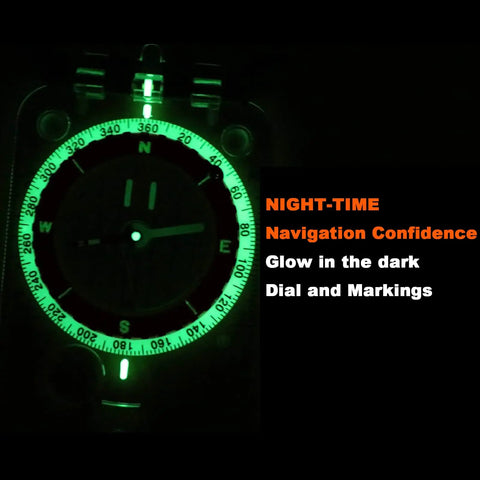 Glow In The Dark Hiking Compass With Waterproof Base Plate glowing dial in the dark for map reading and night navigation