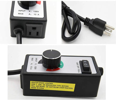 Inline Router Fan Speed Controller for AC Brushed Motors, 120V, 3-setting switch, dial, grounded plug shown from different angles.