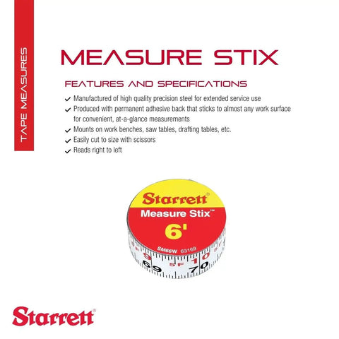 Adhesive Backed White Steel Tape Measure For Quick Surface Readings With English Graduation Left To Right Reading Six Foot Length Three Quarter Inch Wide One Sixteenth Inch Graduation Increments Pack Of One