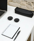 Get Your Desk Totally Clean With This 20 Pcs Cable Grommet Kit For Home And Office Use. Made From Sturdy Black Abs Plastic, These Easy Install Wire Organizers Keep Cables Outta Sight And Make Cleaning A Breeze While You Tackle Any Project In Style. black ABS cable grommets on white desk beside laptop