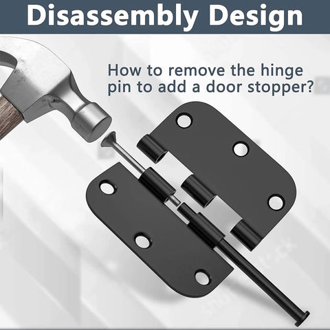 Door Hinges 3 Pack 3.5 Inch Interior Hinges With Five Eighths Radius Matte Black Steel Heavy Duty 3.5 By 3.5 Inches With Six Holes And Rounded Corners Suitable For Most Interior Residential Doors Durable Black Hardware Ideal For Bathroom Bedroom And hammer showing hinge pin removal