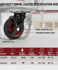 Heavy Duty 5 Inch Rubber Caster Wheels Set Of 4, Tough As Nails Steel Core Swivel Castors With Parking Brakes detailed specs.