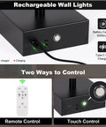 Total Vibe Shift Battery Operated Wall Sconce Set Of Two With Remote Touch Control Dimmable Led Wireless Black Light showing USB charging and control options.