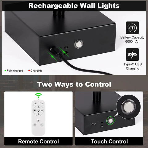 Total Vibe Shift Battery Operated Wall Sconce Set Of Two With Remote Touch Control Dimmable Led Wireless Black Light showing USB charging and control options.