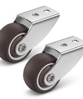 Heavy Duty TPE Caster Wheels 1.5 Inch Diameter Two Pack Replacement Furniture Glides For Desks Shelves And Cabinets, brown wheels with steel brackets.