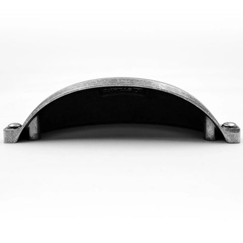Aged Silver Molten Texture Cup Pulls 3 Inch Hole Centers 6 Pack Vintage Drawer Handles showing semicircular design and textured finish.
