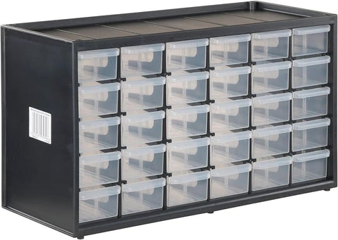 Front view of 30 Drawer Plastic Storage Organizer with Stackable Modular System for Workshop Garage Craft Room and Home Office Use Transparent Drawers for Easy Visibility of Small Parts Built Tough from Durable Plastic.