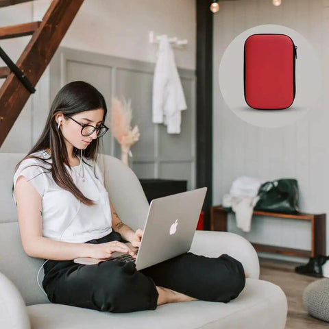 Universal Hard Drive Carrying Case Bag Storage Organizer With Solid Eva Core And Waterproof Pu Leather Shell shown with user on a couch.