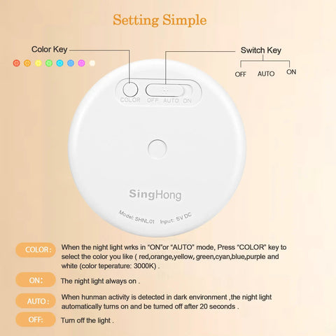 Motion Sensor LED Night Light USB Rechargeable With 8 Color Options And 3 Working Modes Magnetic Stick Anywhere 2 Pack setting instructions