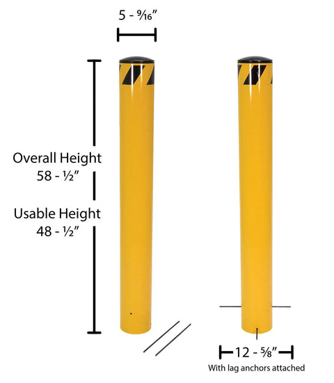 Built Tough Parking Lot Armor Steel Pour In Place Bollard Safety Yellow 48 Inch Height with measurements and lag anchors.