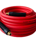 Heavy Duty 3/8 Inch By 50 Ft Hybrid Air Compressor Hose With 300 Psi Max Pressure And Solid Brass Fittings coiled in red.