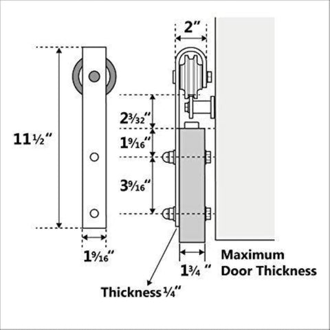 Diagram showing measurement details of 36 Inch By 84 Inch DIY Solid Interior Barn Door Kit With Knotty Pine, Painted Dark Gray Finish hardware.