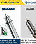Comparison of durable steel punch with ultra-hard alloy steel core beside lower-grade steel punch, highlighting durability differences.