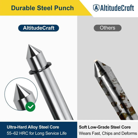 Comparison of durable steel punch with ultra-hard alloy steel core beside lower-grade steel punch, highlighting durability differences.
