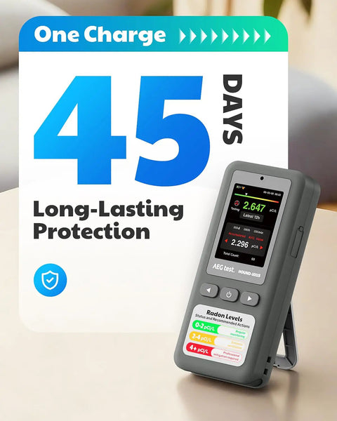 Portable Radon Detector For Home And Basement Air Testing With Straight Up Reliability And Top Shelf Accuracy Digital Readouts Audible Visual Alarms No Sweat Setup showing digital readout and alerts.