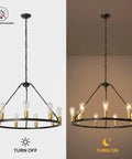 Black And Gold 9 Light Industrial Wagon Wheel Farmhouse Chandelier, Round Rustic Lighting Fixture turned off and on view