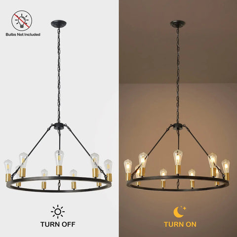 Black And Gold 9 Light Industrial Wagon Wheel Farmhouse Chandelier, Round Rustic Lighting Fixture turned off and on view