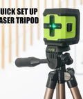 Pro Grade Green Cross Line Laser Level With Tripod, Self Leveling 100 Ft Range, 360 Degree Swivel Base For Construction And Leveling Projects, Batteries And Carry Bag Included. Green cross-line laser level on tripod with quick set up