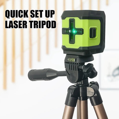 Pro Grade Green Cross Line Laser Level With Tripod, Self Leveling 100 Ft Range, 360 Degree Swivel Base For Construction And Leveling Projects, Batteries And Carry Bag Included. Green cross-line laser level on tripod with quick set up