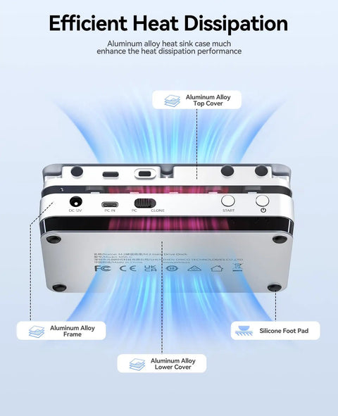 Built Different Five Bay M.2 NVMe SATA SSD Docking Station With One Click Offline Clone For Bulk Data Migration showcasing aluminum alloy heat sink design.