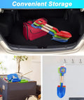 16 Inch Kids Beach Shovels Set With Wooden Handles And ABS Plastic Scoops in a car trunk and storage options, 3 Pack Blue Green Red