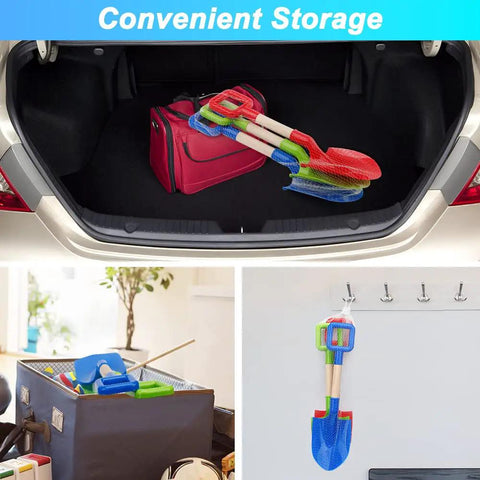 16 Inch Kids Beach Shovels Set With Wooden Handles And ABS Plastic Scoops in a car trunk and storage options, 3 Pack Blue Green Red