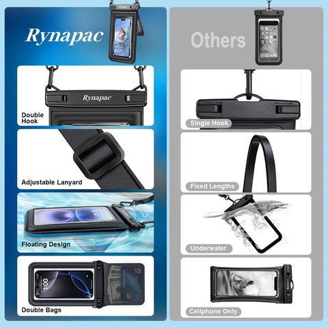 Floating Waterproof Phone Pouch 2 Pack with adjustable lanyard, double hook, floating design, and double bags for iPhone 17 16 15 14 Pro Max.