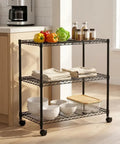 Sturdy 3 Tier Steel Wire Shelving Unit With Easy Roll Wheels And Adjustable Heights, holding produce and jars in kitchen.