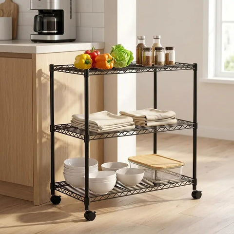 Sturdy 3 Tier Steel Wire Shelving Unit With Easy Roll Wheels And Adjustable Heights, holding produce and jars in kitchen.