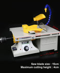 Powerful 850 W Bench Grinder And Polisher Machine With Adjustable Speed 800 To 11000 RPM For Rock Lapidary Projects Flexible Shaft And Water Cooling System Compact desktop cutter drill tool with yellow saw blade and adjustable arm.