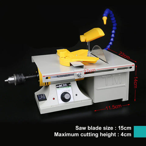 Powerful 850 W Bench Grinder And Polisher Machine With Adjustable Speed 800 To 11000 RPM For Rock Lapidary Projects Flexible Shaft And Water Cooling System Compact desktop cutter drill tool with yellow saw blade and adjustable arm.