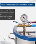 9-gallon tempered glass vacuum chamber with brass fittings, pressure gauge, and blue gasket on lid.