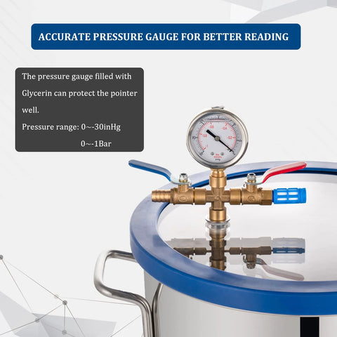 9-gallon tempered glass vacuum chamber with brass fittings, pressure gauge, and blue gasket on lid.