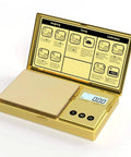 Pocket Digital Scale 200G By 0.01G With Gold Titanium Plating, open showing backlit LCD, tare, auto off, 6 units for jewelry and food