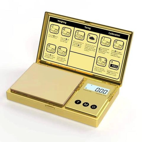 Pocket Digital Scale 200G By 0.01G With Gold Titanium Plating, open showing backlit LCD, tare, auto off, 6 units for jewelry and food