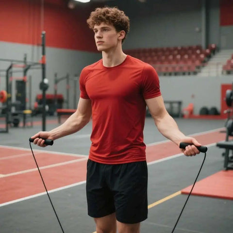Man using an adjustable jump rope for fitness with ball bearings in a gym environment, enhancing cardio workout.