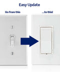 Comparison of old toggle switch and new White Rocker Slide Dimmer Switch For LED And Incandescent Bulbs 150 Watt Single Pole Or 3 Way Wall Control With No Neutral Wire Required Slick Slim Profile For Fast Hassle Free Home Glow Ups.