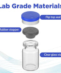 Front view of 5 ml clear glass injection vial with blue flip-top seal and gray rubber stopper