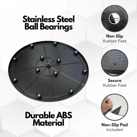 Slick 10 Inch Heavy Duty Swivel Base With A Slim Zero Point Eight Inch Profile showcases stainless steel ball bearings and durable ABS material.