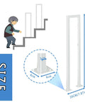 Heavy Duty Side Mount Stair Rail With Rock Solid Grip For Deck Balusters And Outdoor Steps dimensions with a user climbing stairs illustration.