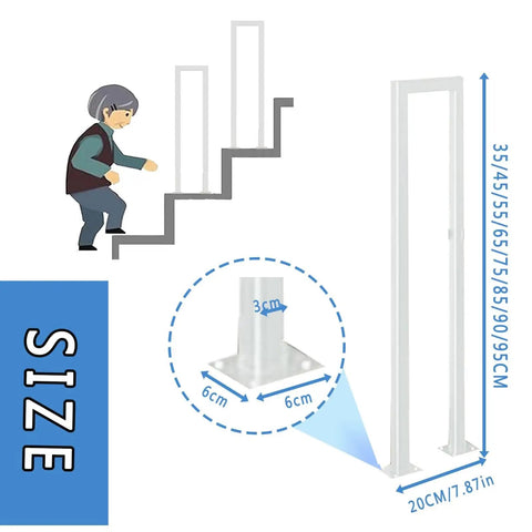 Heavy Duty Side Mount Stair Rail With Rock Solid Grip For Deck Balusters And Outdoor Steps dimensions with a user climbing stairs illustration.