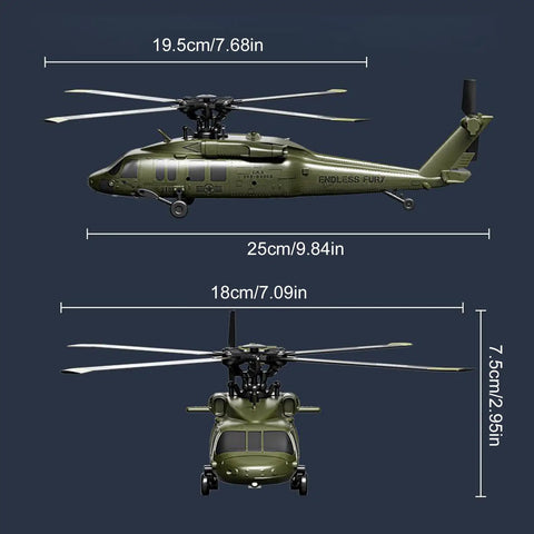 Dimensions of D21 Brushless RC Helicopter for Teens 6 Channel Stunt Copter With One Click Inverted Flight in Green