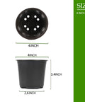 Diagram of 4-inch plastic nursery pot with drainage holes, side and top view, part of 100 Packs Of 4 Inch Plastic Nursery Pots With Drainage Holes For Seed Starting And Transplanting Plants Durable Lightweight Flower Plant Containers For Succulents And Seedlings.