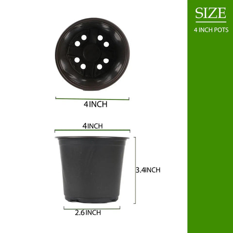 Diagram of 4-inch plastic nursery pot with drainage holes, side and top view, part of 100 Packs Of 4 Inch Plastic Nursery Pots With Drainage Holes For Seed Starting And Transplanting Plants Durable Lightweight Flower Plant Containers For Succulents And Seedlings.