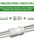 Front view of stainless steel check valve, 316L, 1/4 NPT male to 1/4 NPT female for backflow prevention