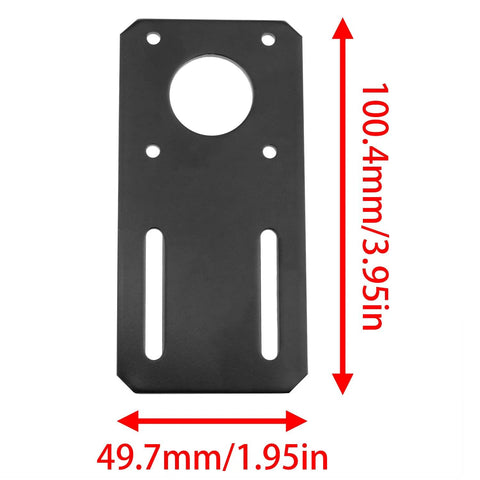 Black 100x50mm motor mounting bracket for NEMA 17 stepper motor; front plate with large center hole and two vertical slots