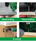 Rock Solid 12V Cordless Drill Set With Keyless Chuck And Two Speed Gearbox in use for metal, wood drilling, and screwing.