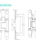 Technical drawing of 626 3D A8 Satin Stainless Steel Concealed Invisible Hinge with detailed dimensions for cabinets and doors